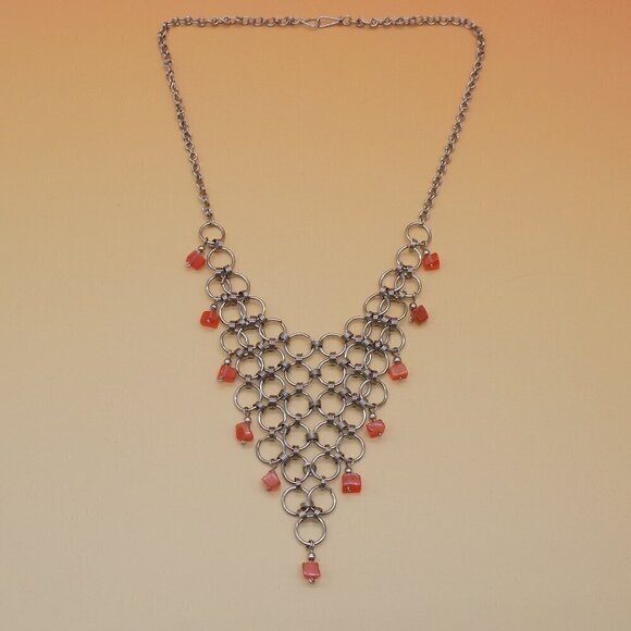 Vintage Mesh Choker Bib Necklace Silver Tone Orange Glass Square Beads - Picture 1 of 11